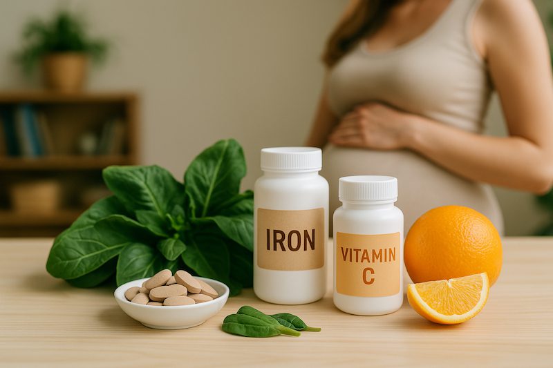 Eisen in der Schwangerschaft - Eisenpräparat und Vitamin C mit Spinat und Orange auf dem Tisch – natürliche Unterstützung bei Eisenmangel in der Schwangerschaft, im Hintergrund eine schwangere Frau