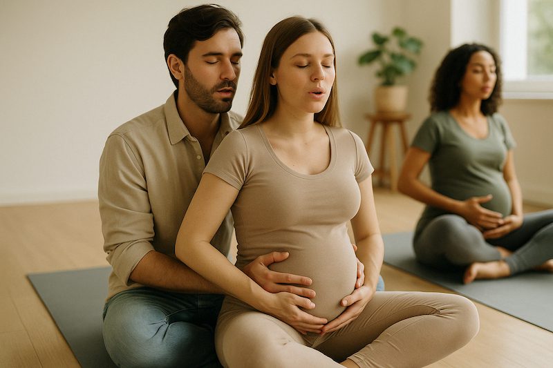 Schwangere Frau bei Atemübung im Geburtsvorbereitungskurs in Berlin – begleitet von Hebamme und Partner in ruhiger, geschützter Umgebung