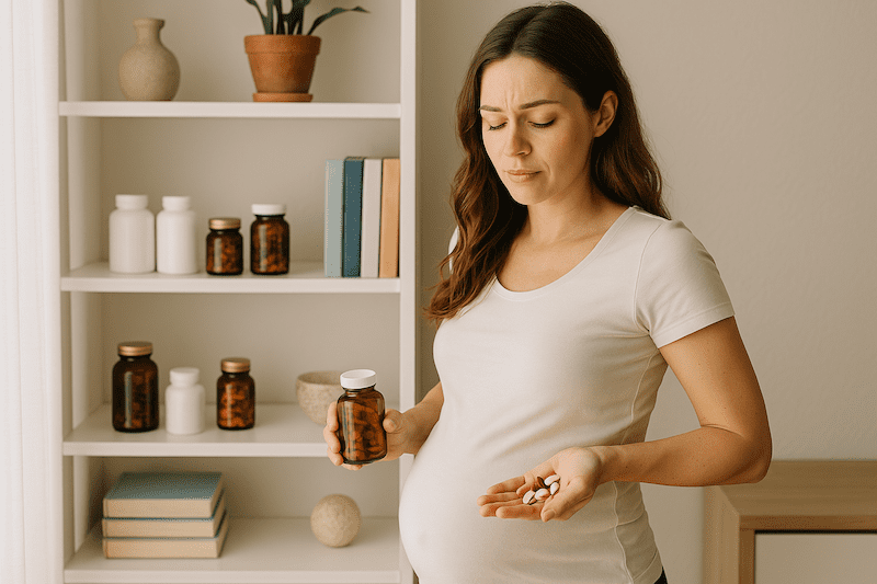 Schwangere Frau mit Nahrungsergänzungsmittel in der Schwangerschaft – Vitamine in der Schwangerschaft