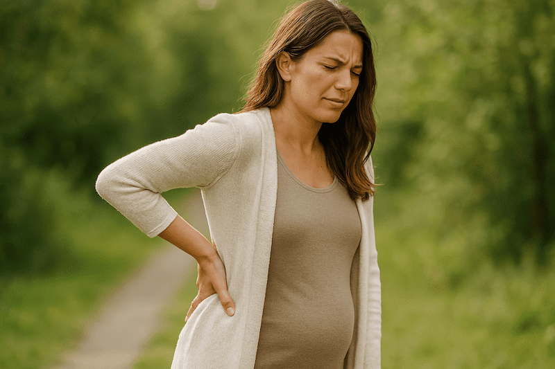 Schwangere Frau mit Rückenschmerzen hält sich den unteren Rücken – typische Beschwerde in der Schwangerschaft