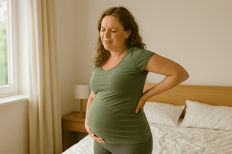 Schwangere Frau mit Schwangerschaftsbeschwerden hält sich den unteren Rücken – Rückenschmerzen als typische Beschwerde in der Schwangerschaft
